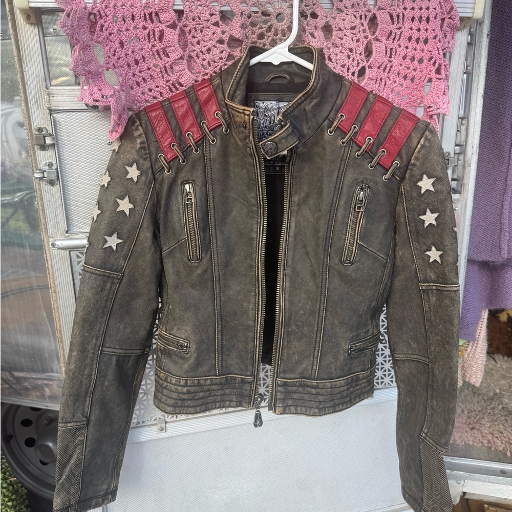 Affliction Distressed Black Leather Jacket with Stars Black Label